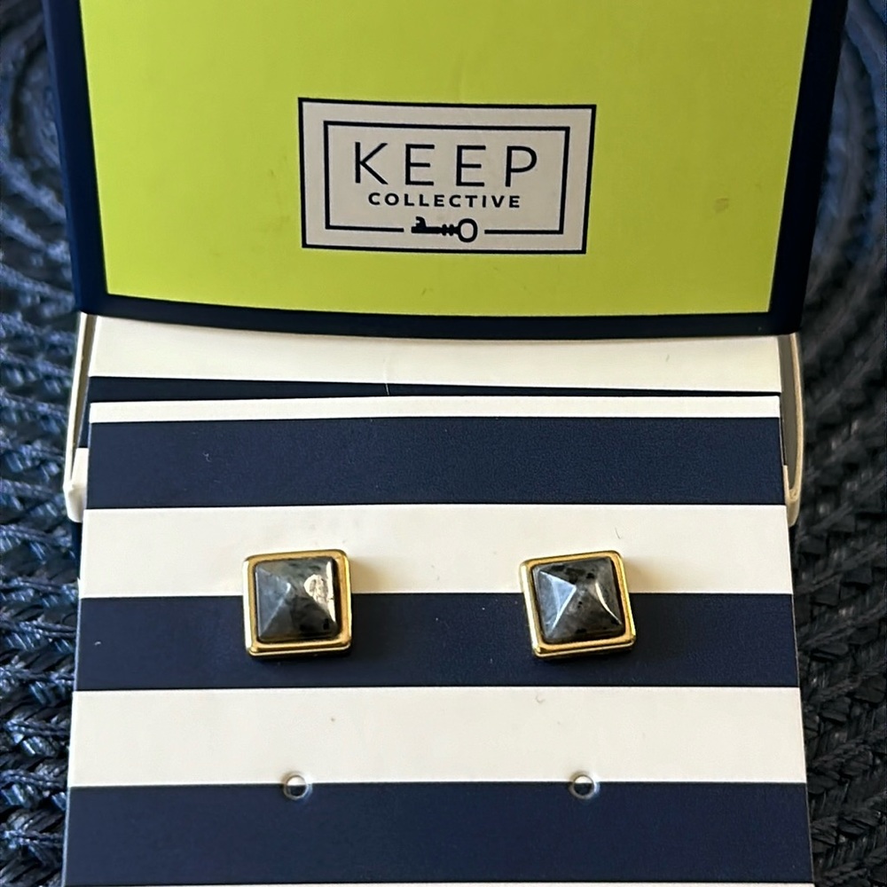 Keep Collective Larvikite Balance Wishing Stone Studs Earrings Blue Gold New